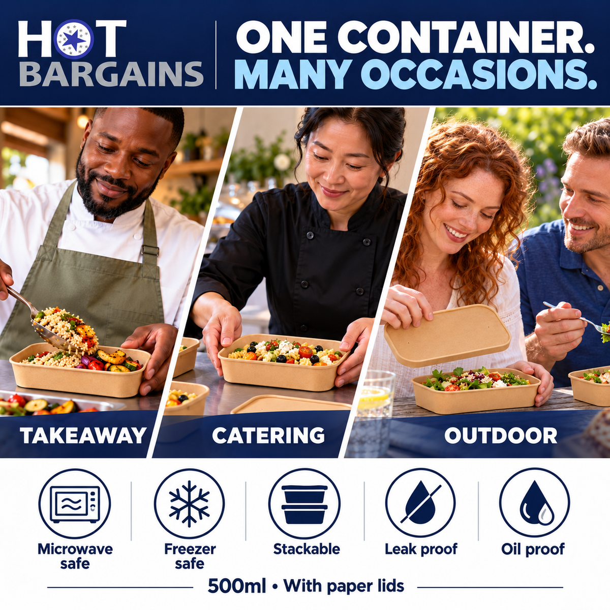 Hot Bargains — 150 x 500ml Kraft Rectangular Container + Paper Lids — photo 7