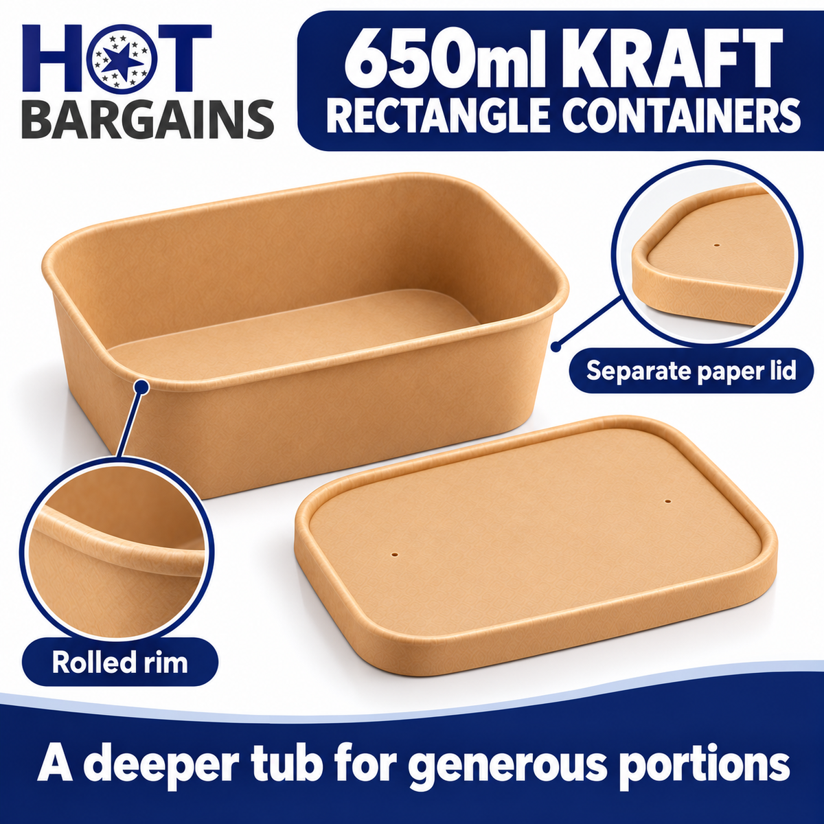 Hot Bargains — 150 x 650ml Kraft Rectangular Container + Paper Lids — photo 2