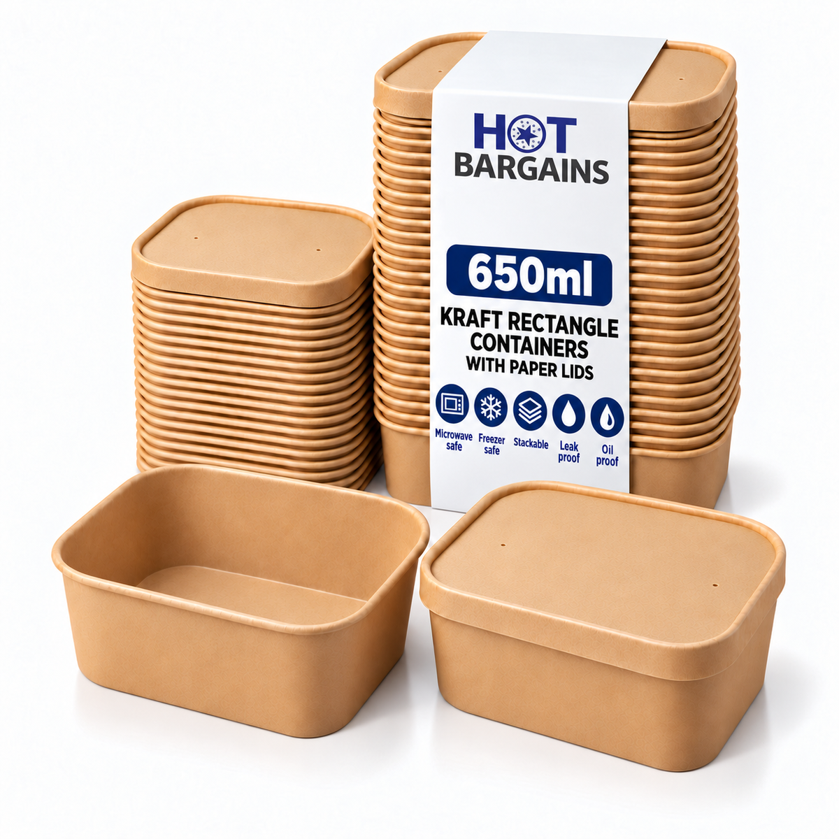Hot Bargains — 150 x 650ml Kraft Rectangular Container + Paper Lids