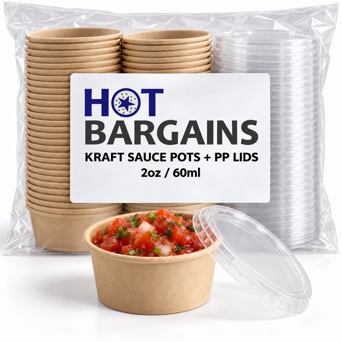 Hot Bargains — 1000 x 2oz Kraft Paper Sauce Pots + Lids