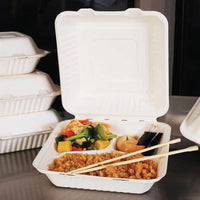 200 Pack Bagasse Meal Box, 9 x 9 inch Three Compartments (3-CP), Biodegradable Clamshell Containers