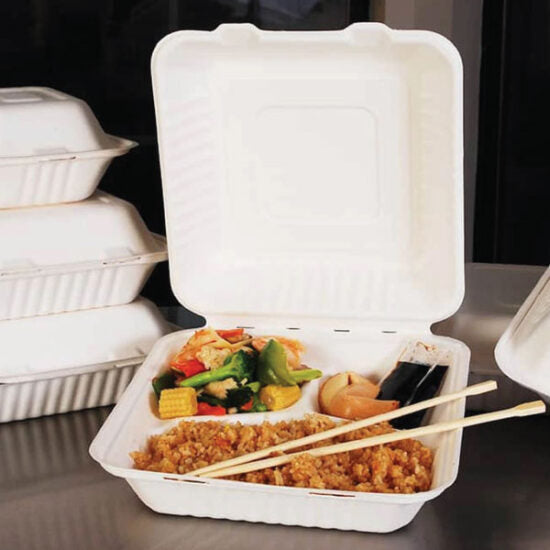 200 Pack Bagasse Meal Box, 9 x 9 inch Three Compartments (3-CP), Biodegradable Clamshell Containers