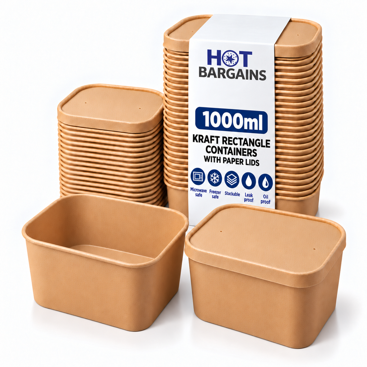 Hot Bargains — 150 x 1000ml Kraft Rectangular Container + Paper Lids