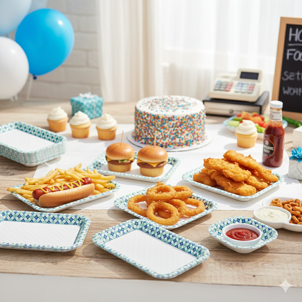 Disposable Blue-Green Diamond Printed Paper Trays & Bowls