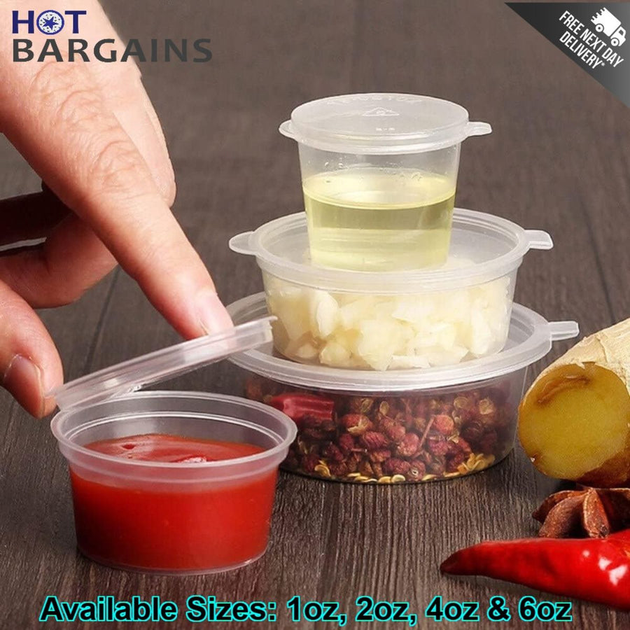 Pack of 1000 Round Sauce Pots with Hinged Lids Available in 1oz, 2oz, 4oz, & 6oz Sizes