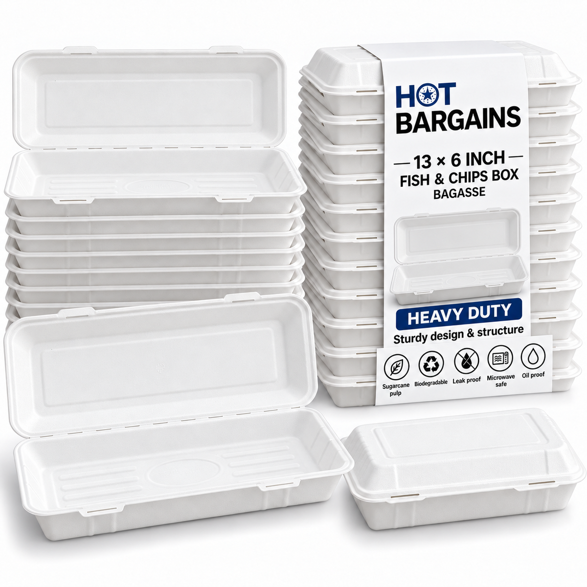 Hot Bargains — 250 X 13 x 6 inch Large FC Bagasse Box