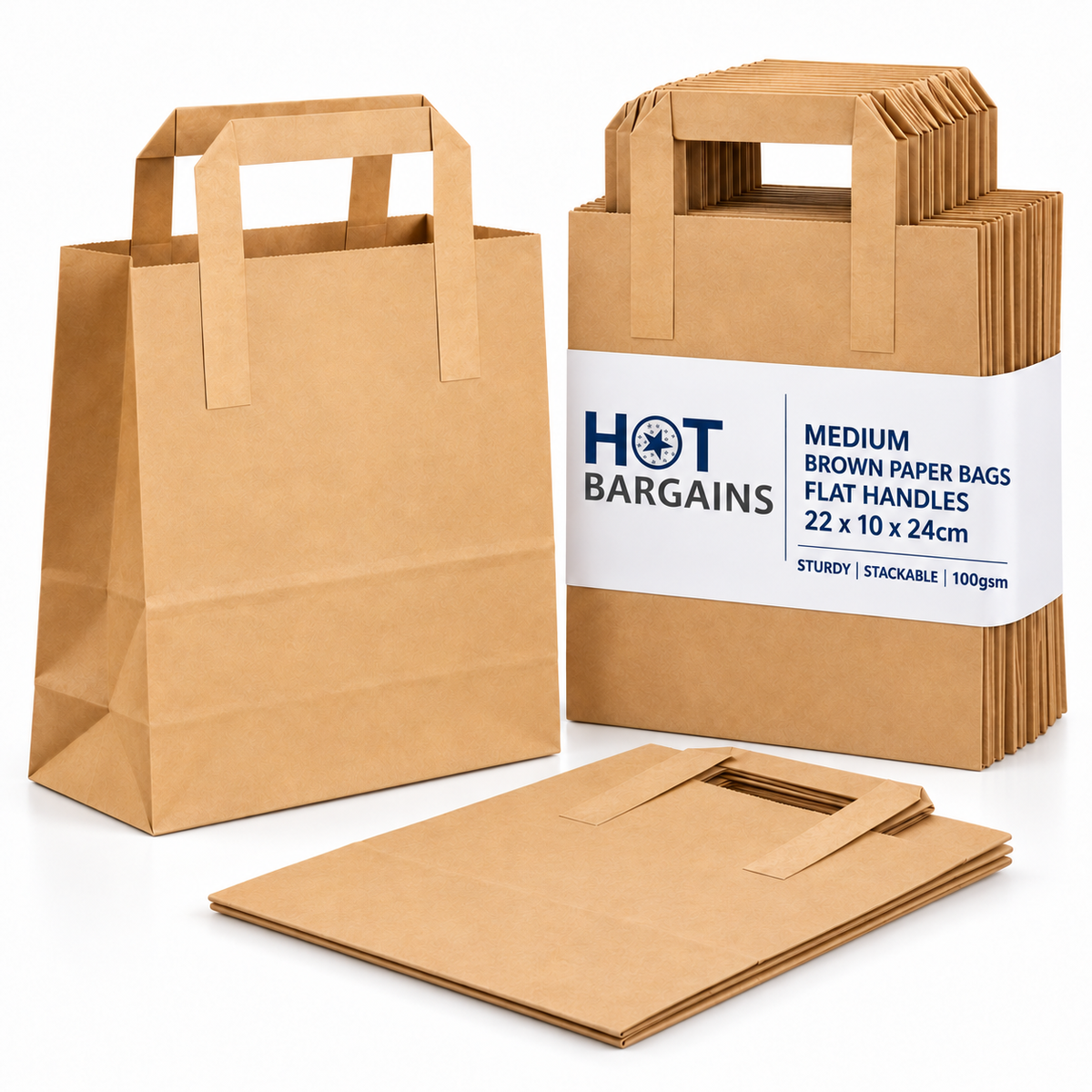 Hot Bargains — 250 X Brown Flat Handle Paper Bag - Medium