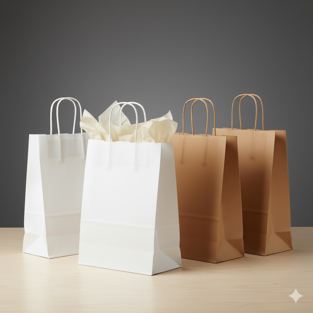 Pack of 250 Kraft Paper Bags with Twisted Handles – Brown & White – Small, Medium, Large, XL