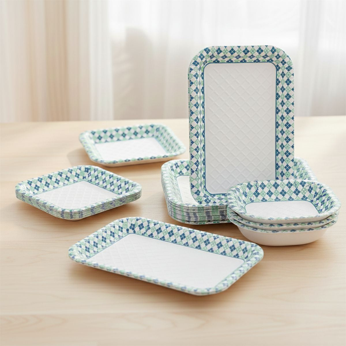 Disposable Blue-Green Diamond Printed Paper Trays & Bowls