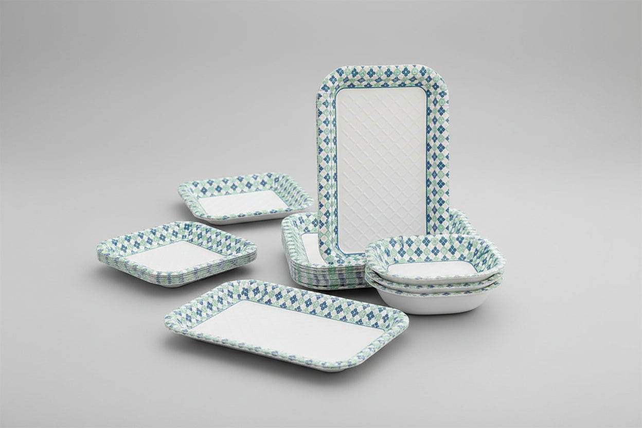 Disposable Blue-Green Diamond Printed Paper Trays & Bowls